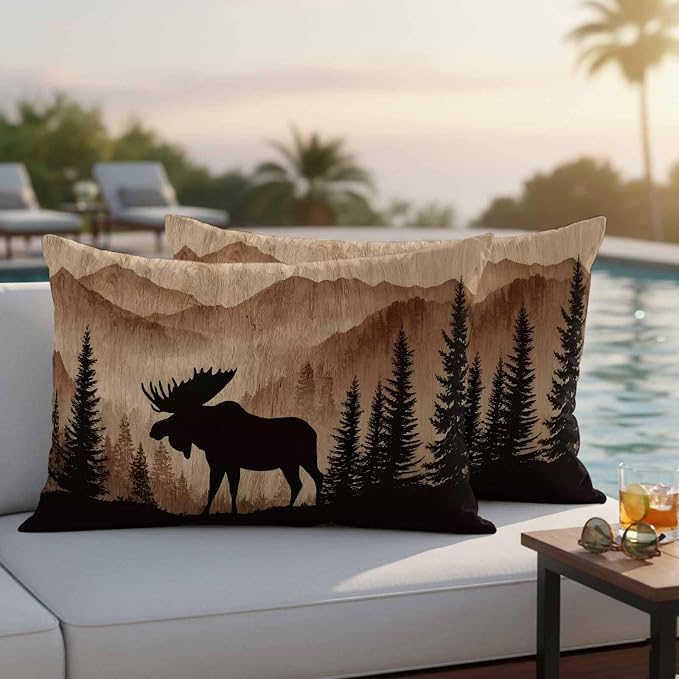 Moose Silhouette Outdoor Pillow Covers 20"x12" Set of 2, Nature Mountain Landscape Waterproof Throw Pillow Covers for Patio Furniture, Decorative Cushion Covers for Porch