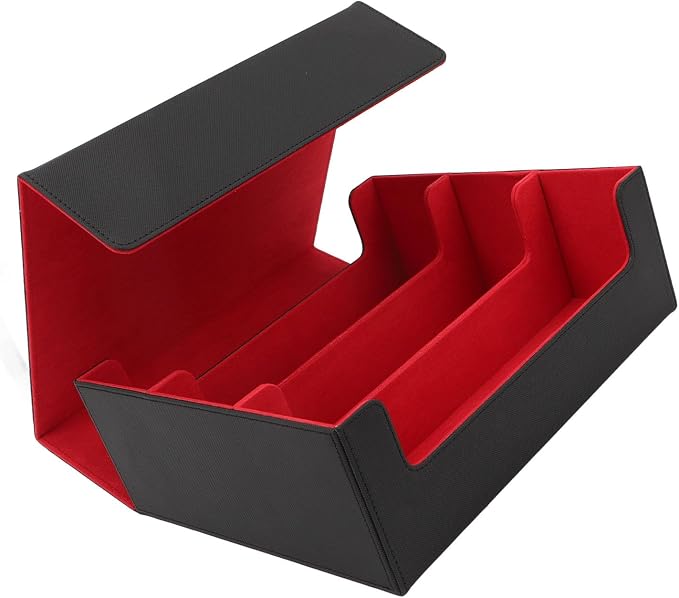 Card Deck Box with Magnetic Closure 3Row Large Capacity PU Leather Storage Case for Tarot and Game Cards (Black Shell with Red Lining)