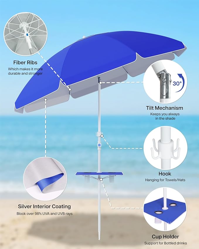 paramondo 7ft Beach Umbrella with Sand Anchor Air Vent Push Button Tilt and Crank, Portable Sunshade Outdoor Patio Umbrella with 8 Sturdy Ribs for Garden, Deck, Backyard, Pool and Beach