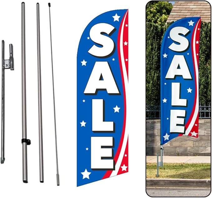 Sale Patriotic Swooper 6FT Feather Flag Outdoor Advertising Banner with Complete 8FT pole kit and Ground Spike (Blue)