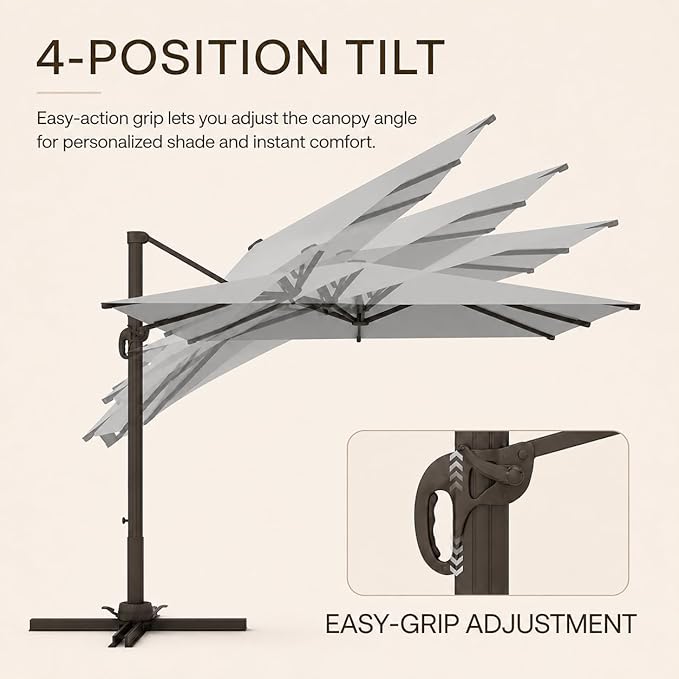 Kingdura 10x10 FT Cantilever Patio Umbrella with Base Included, Large Square Aluminum Offset Outdoor Pool Umbrella, 360° Rotation & 4-Position Tilt, UV Protection for Deck Backyard (Light grey)
