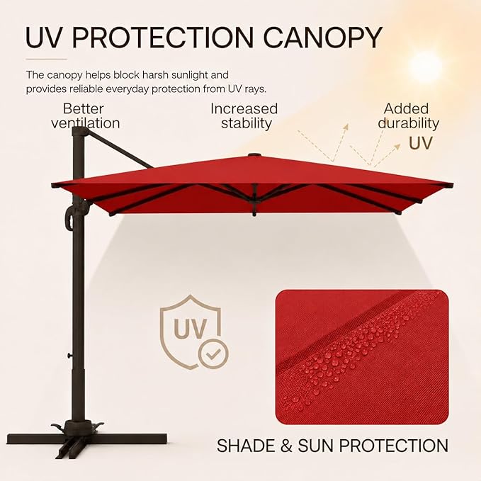 Kingdura 10x10 FT Cantilever Patio Umbrella with Base Included, Large Square Aluminum Offset Outdoor Pool Umbrella, 360° Rotation & 4-Position Tilt, UV Protection for Deck Backyard (Red)