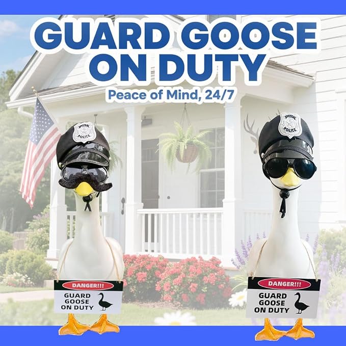 9pcs Goose Outfit,Porch Goose Outfits,Lawn Goose Statue Costume for 17"/23" Cement Patio Garden Outdoor Statue Decor,Police Hat Eyeglasses PVC Sign Danger Guard Goose on Duty (Police)