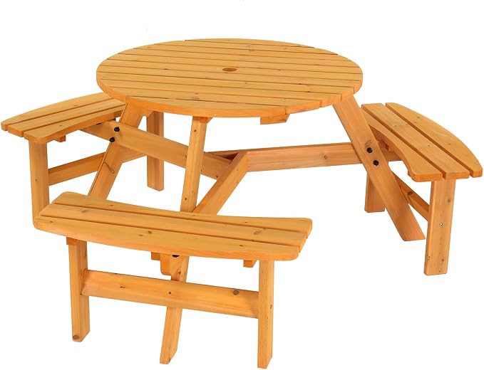 Outdoor Picnic Table Set,6-Person Outdoor Circular Wooden Picnic Table with 3 Built-in Benches, Outside Table and Bench Set for Porch Backyard Patio Lawn Garden