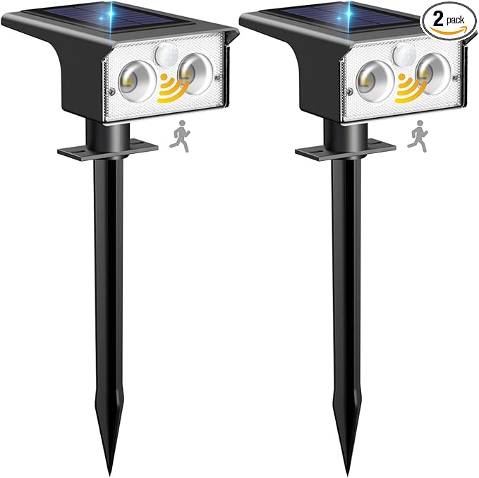 btfarm Solar Spot Lights Outdoor Waterproof, 2 Pack/3 Modes Motion Sensor Lights, Solar Powered Spotlights 2-in-1 Auto On/Off for Outside Pathway Yard Garden Lighting, Cool White
