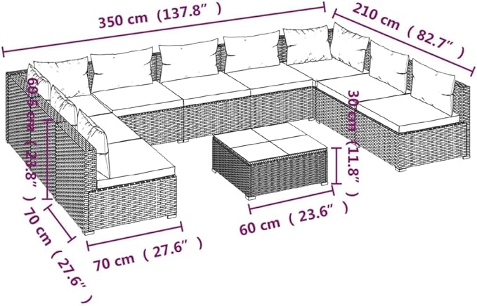10 Piece Patio Lounge Set with Cushion, Piece Patio Set Patio Lounge Set Outdoor Patio Sectional Furniture Conversation Sets s Poly Rattan Brown