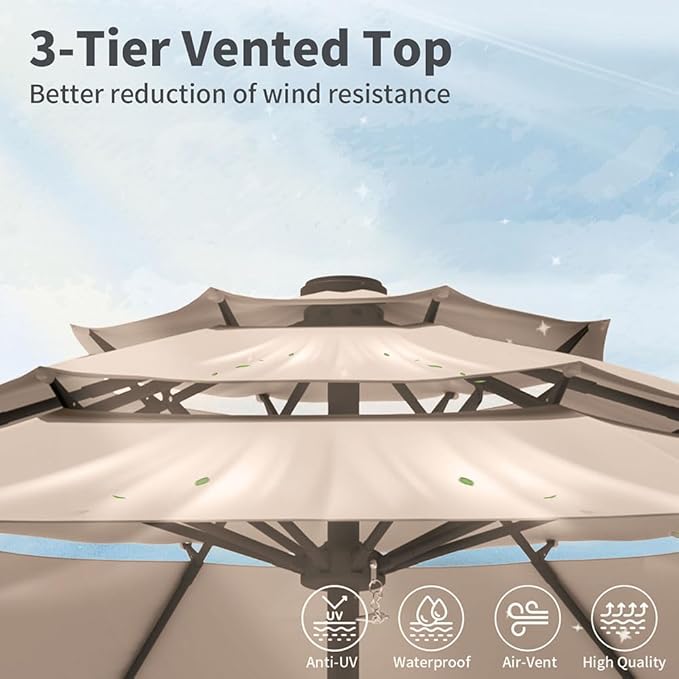 10FT Patio Umbrella 3 Tiers Outdoor Market Umbrella w/Push Button Tilt, Crank, UV and Waterproof Table Umbrella for Garden, Pool, Backyard, Deck, Lawn, Beige
