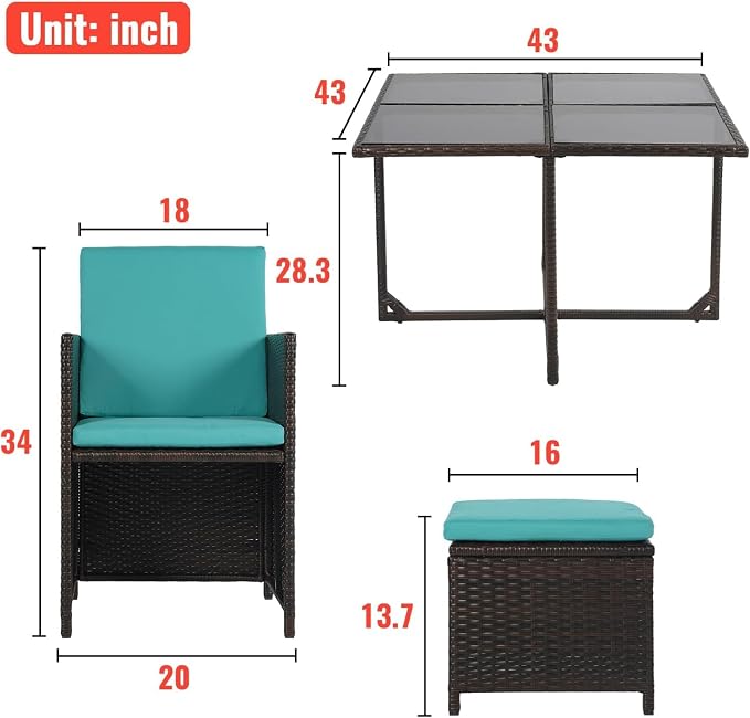 9 Pieces Outdoor Dining Set Patio Table and Chairs Set Space Saving Outdoor Dining Table Set Rattan Patio Furniture Set with Dining Table 4 Chairs 4 Ottomans Cushion for Patio Backyard Poolside, Blue