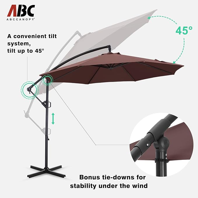 ABCCANOPY 10FT Cantilever Patio Umbrella with base included, 360° Rotation Outdoor Offset Umbrella for Backyard, Deck, Poolside (Brown)