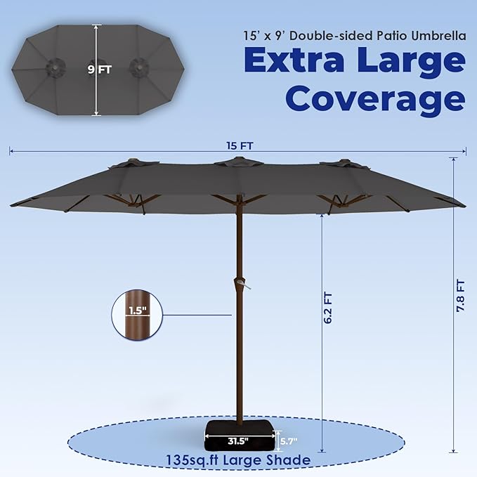 BRIOPAWS 15-FT-Large-Patio-Umbrella-with-Base | Double-Sided | Outdoor Table Umbrellas | w/Crank Handle | 12 Sturdy Fiberglass Rib | UV-Protection | for Garden Deck Backyard Pool | Charcoal Gray