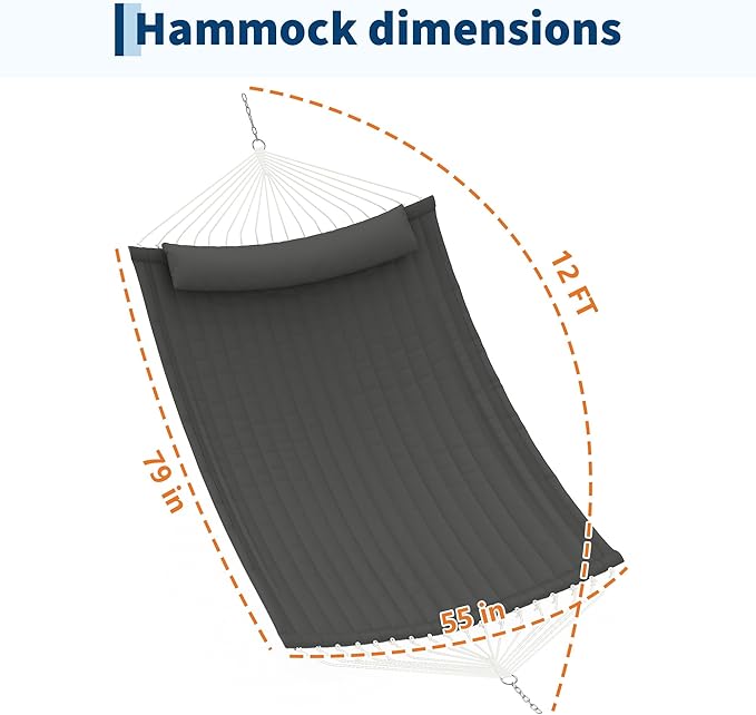 12 FT Double Quilted Fabric Hammock with Spreader Bar & Detachable Pillow, 450 LBS Capacity 2 Person Hammock, Indoor Outdoor for Patio Backyard Poolside Garden