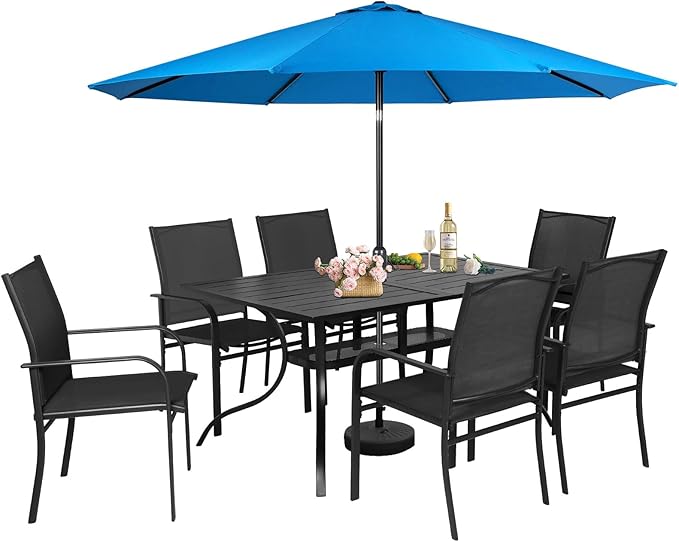 Incbruce 8 Pieces Patio Dining Set with Sky Blue Umbrella, Outdoor Dining Set of 6 Textilene Chairs and Rectangle Table with Umbrella Hole for Backyard, Garden, and Poolside (Black)