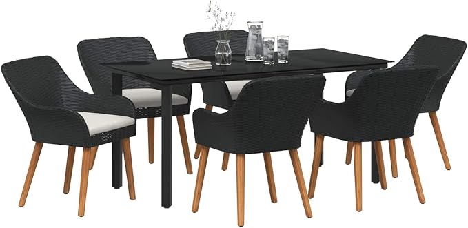 7 Piece Garden Dining Set, Black Poly Rattan Patio Furniture Set with 6 Chairs, Tempered Glass Table and Cushions, Outdoor Table and Chair Set for Backyard Deck Porch