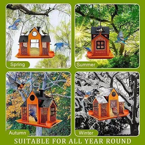 YYWMWM Solar Bird Feeders House for Outside Hanging, Metal Wild Bird Feeder for Outdoors, Large Cardinal Bird Feeder Birdhouses Orange