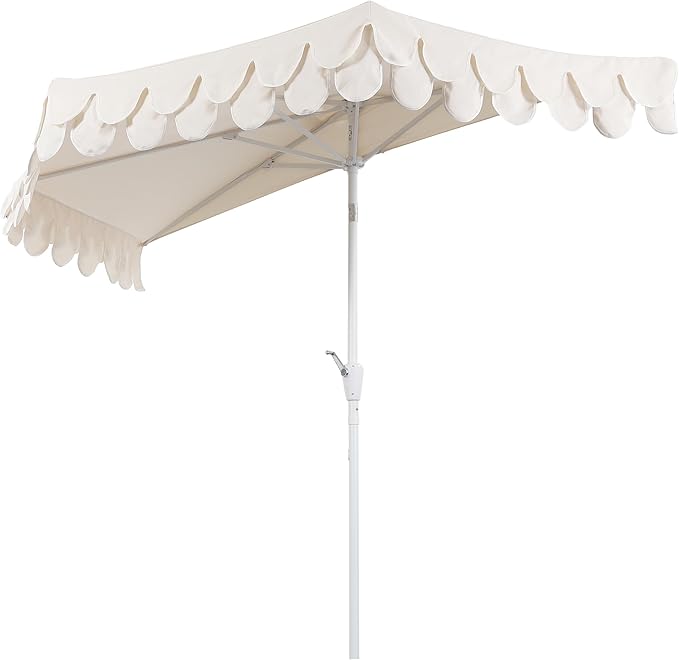 JONATHAN Y Terrace Scalloped 9 ft. Half Round Patio Umbrella with Crank Lift and Tilt, Coastal Semicircle Market Wall Umbrella for Balcony, Cream/White, White Pole UMB1202C