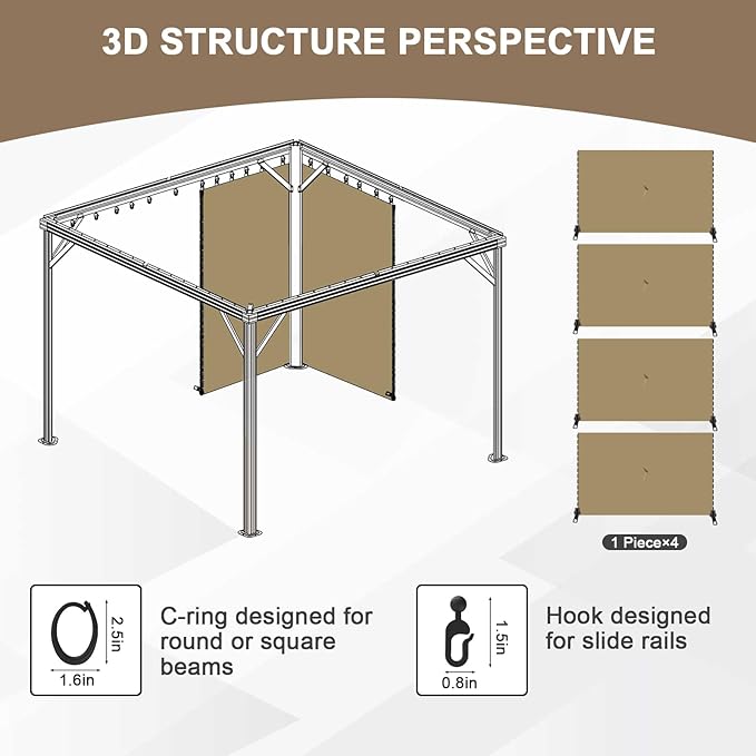 Aoodor 10x10 ft Outdoor Gazebo Curtains, 4 Panels Waterproof Privacy Sidewall Replacement with Zipper for Patio Pergola and Canopy, Khaki