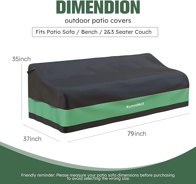 Patio Furniture Sofa Cover, Waterproof 3-Seater Heavy Duty Outdoor Bench Covers, 79" W x 37" D x 35" H, Four-Season Protective Outside Couch Covers Black & Green