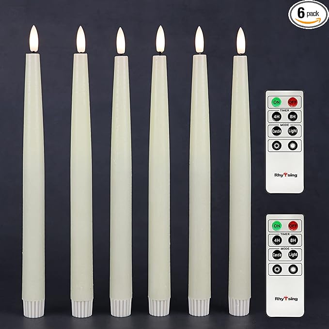 Rhytsing 11.4" Flameless Taper Candles with Timer Function, Battery Operated Dinner Tall Candlestick Rustic Wax, Warm White LED, 2 Remotes Included - Set of 6 (Ivory)