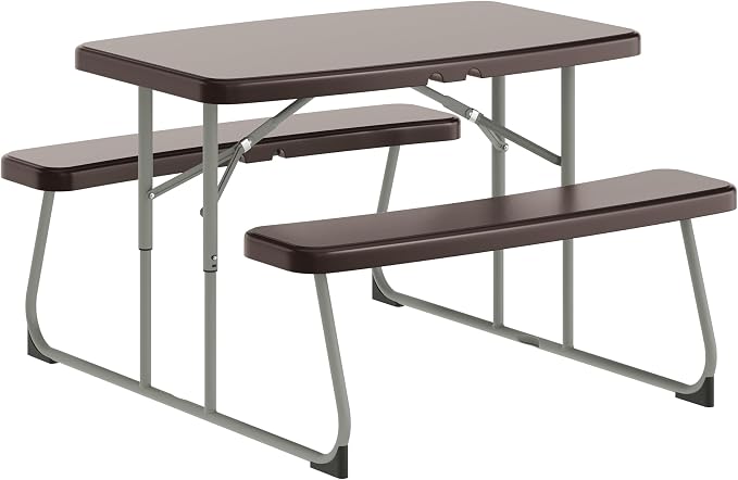 Flash Furniture Paige Easy-Fold Kids Outdoor Picnic Table and Benches - Commercial Grade Folding Plastic Play Table - Recommended for up to Age 5 - Brown