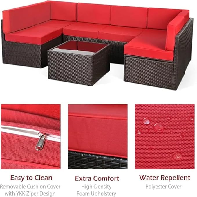U-MAX 7 Piece Outdoor Patio Furniture Set with Extra 30 Inch Fire Pit Table, PE Rattan Wicker Sofa Set, Outdoor Sectional Furniture Chair Set with Cushions and Tea Table, Brown Rattan&Red Cushion