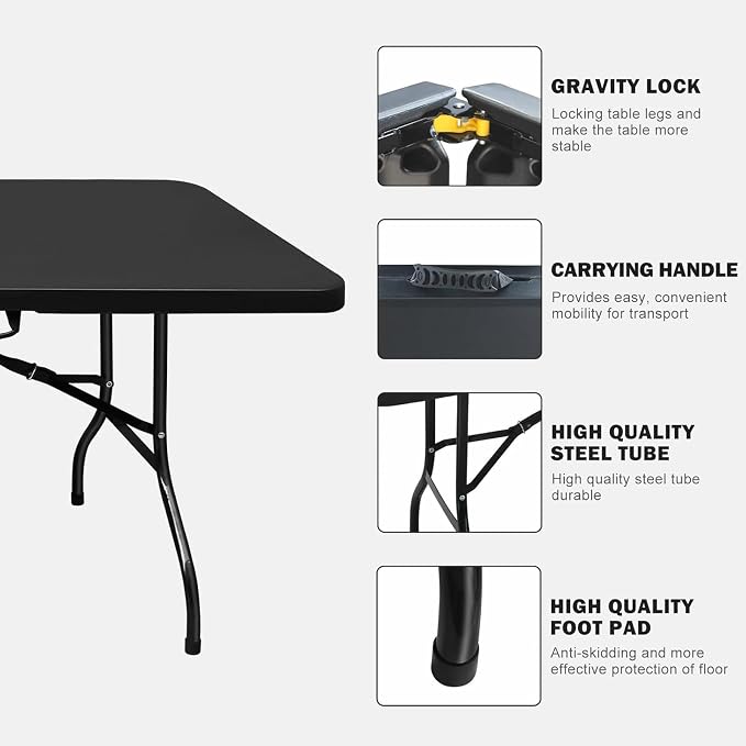 Anwick 8 Foot Folding Table Portable Fold-in-Half Plastic Picnic Table w/Handle and Steel Legs for Indoor, Outdoor, Camping, Party, Garden (Black New, 8ft)
