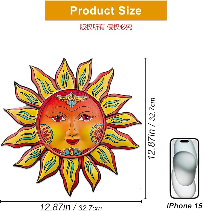 Metal Sun Flower Wall Decor - 12.87 inches Sun Wall Art Hanging Decorations for Outdoor, Home Garden Yard Patio Fence Bedroom Decor