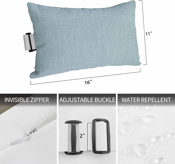 Haze Blue Outdoor Lumbar Pillow 11x16 Inch, Farmhouse Burlap Solid Blue Color Modern Linen Texture Waterproof Throw Pillow Covers with Insert, Decorative Chair Cushions for Patio Garden Recliner