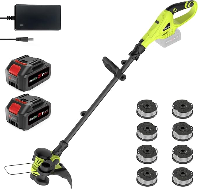 20V 12'' Cordless String Trimmer, Grass Trimmer&Edger with 8 Replacement Spools, Battery Powered Weed Trimmer with Auto Line Feed for Garden, Lawn(2*4AH Battery and Charger Included), Green