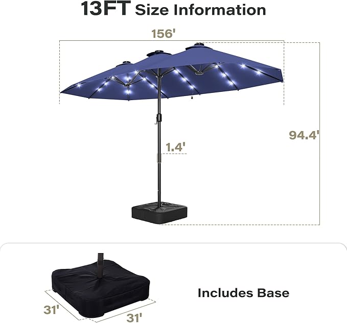 EO Living 13ft Large Patio Umbrella with Solar Lights, Double-Sided Rectangle Outdoor Umbrella with Base Included, 24 LED Lights Table Umbrella for Poolside Deck Market (Navy Blue)