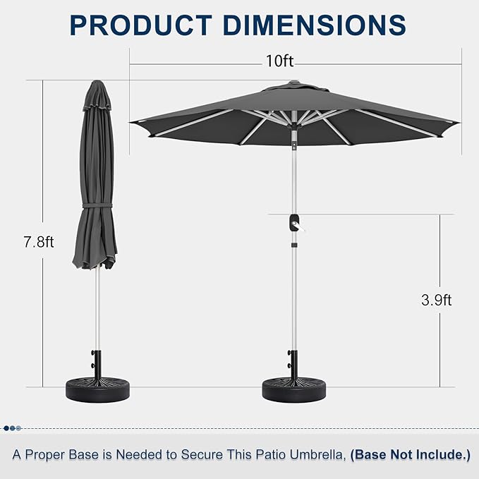 10FT Aluminum Outdoor Patio Umbrella, Fade-Resistant Market Umbrella with Push Button Tilt Function, 8 Sturdy All-Aluminum Ribs for Gardens, Patios, Backyards & Pools