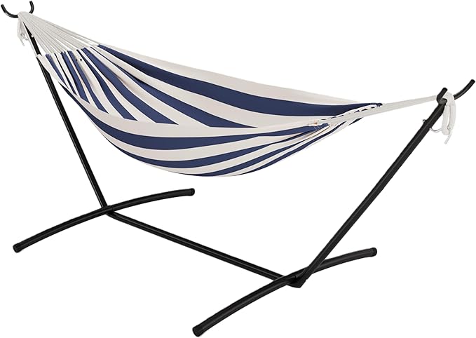 GAOMON Double Hammock with Steel Stand for Outside, Portable Space Saving, for Indoor Outdoor Patio w/Carrying Bag, 450 lbs Capacity - Blue&White Stripes