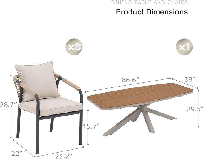 SUNSITT 9 Piece Outdoor Patio Dining Set, Patio Dining Furniture Set with 87” Aluminum Dining Table w/X Base Legs and 8 Woven Wicker Patio Chairs w/Curved Backrest for Garden, Flaxen