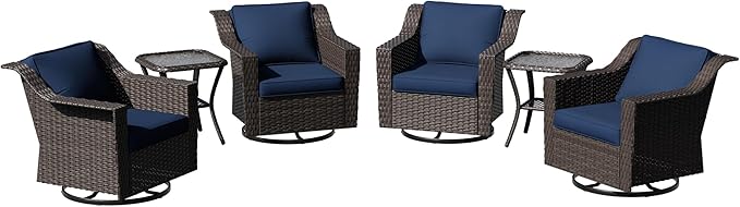 6 Pieces Patio Conversation Furniture Set - 4 Swivel Chairs, 2 Side Tables, Outdoor Wicker Furniture with Removable Cushions for Porch, Sunroom (Blue)