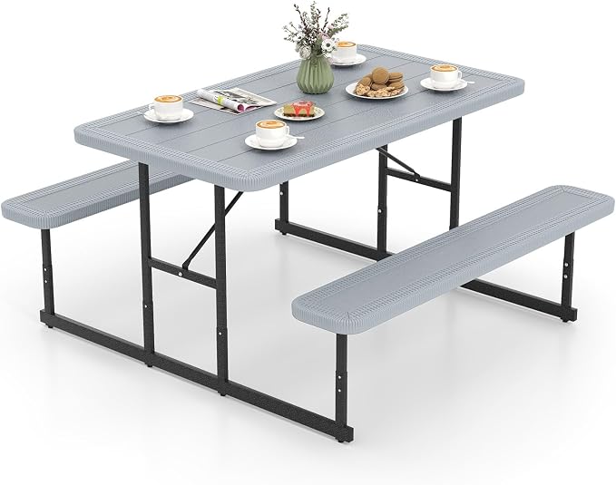 Picnic Table Set for 2-4 People, Umbrella Hole, Heavy-Duty Metal Frame & 2 Benches, HDPE Rectangular Outdoor Dinning Table & Benches for Outside, Patio, Garden, Backyard, Porch (Gray)