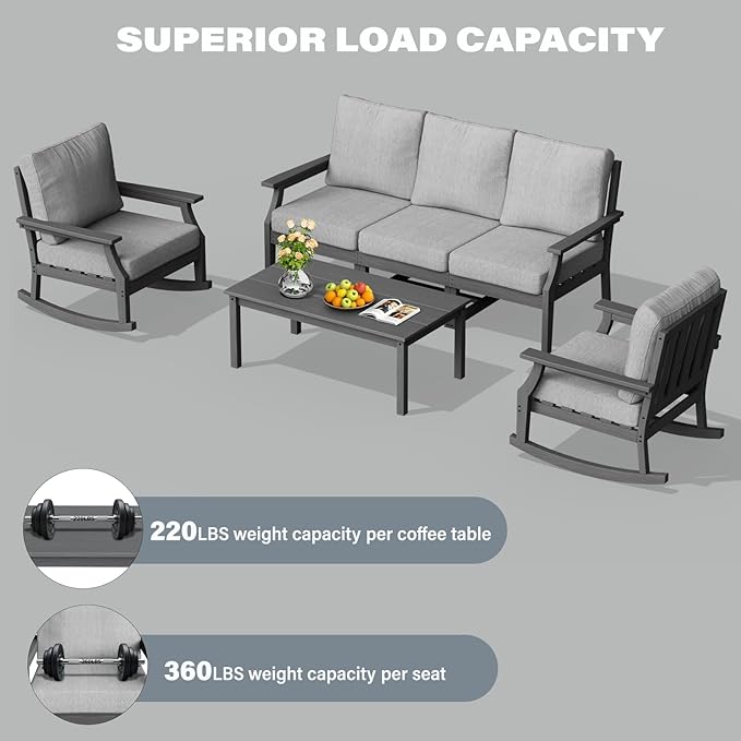 HDPE Patio Conversation Set, 6-Piece All Weather Outdoor Furniture Set with 2 Single Rocking Armchairs for Deck, Lawn, with Cushion, Gray