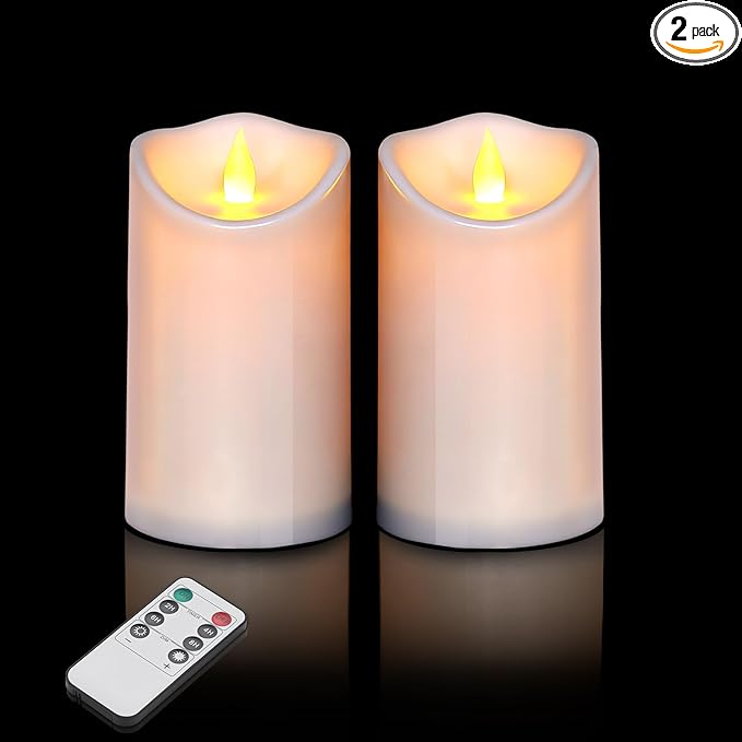 Artmarry Flameless Candles 3" D x 6" H Outdoor Indoor Pillars Battery Operated Flickering Candles Include 8-Key Remote Timer 400+ Hours by 2 AA Batteries (White Candle - Warm Light,2 Pack)