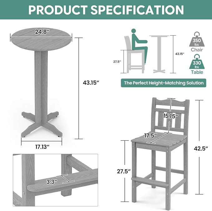 Outdoor Bar Stools Set of 4, HDPE Adirondack Bar Chairs with Backs, All-Weather High Top Patio Chairs, Heavy Duty Armless Bar Height Chair for Balcony, Garden, Deck (Slate Grey, 4pcs Set)