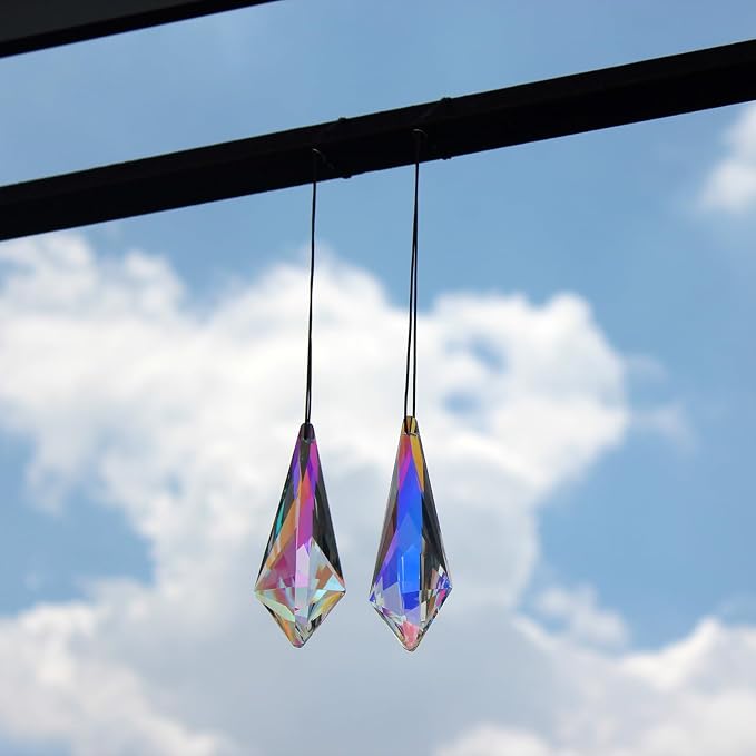 2PCS Cone Crystal Suncatcher Prisms for Windows (Lanky Cone) | AB Color, Transparent, K9 Glass, Rainbow Maker, with Hooks & Cord