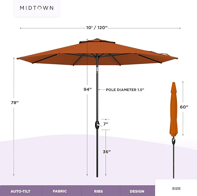 Midtown Umbrellas - The Lean 10 Ft Patio Umbrella with Fade-Resistant Sunbrella Fabric, Auto-Tilt Aluminum Frame and 8 Reinforced Ribs for Deck, Pool & Garden - Terracotta Canopy, Black Pole