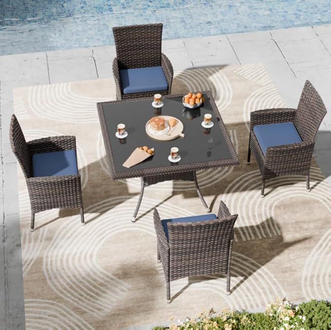 Kullavik 5 Pieces Outdoor Dining Set Patio Rattan Furniture Set,Patio Dining Table and Chairs Set with 4 Chairs and Cushions,Square Glass Tabletop with Umbrella Hole for Patio,Backyard,Navy Blue
