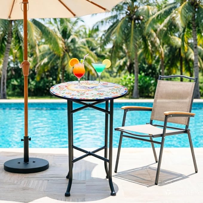Mosaic Outdoor Side Table Small Round Patio Table Plant Stand | 21" Accent End Table with 14" Ceramic Tile Top for Small Spaces Porch Pool Garden Decor Indoor Living Room Bedroom Balcony
