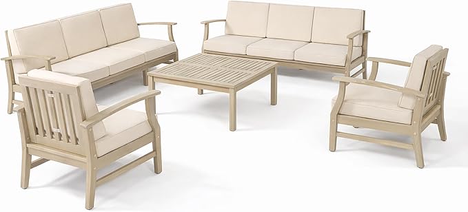 Christopher Knight Home Andy Acacia Wood Outdoor Patio Furniture Set for 8, Patio Sofa Set with Cushions, 8-Seater Patio Conversation Set with Sofas, Club Chairs and Coffee Table, Light White+Sand