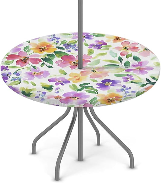 OSAM SPACE Outdoor Tablecloth with Umbrella Hole, Round Elastic Fitted Table Cloth with Invisible Zipper,Watercolor Flowers Picnic Patio Table Cover 45-56in