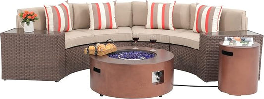 SUNSITT 8 Piece Patio Furniture Set with Propane Fire Pit Halfmoon Outdoor Round Sectional Sofa with 36" Bronze Gas Fire Table & Tank Holder, Brown Rattan