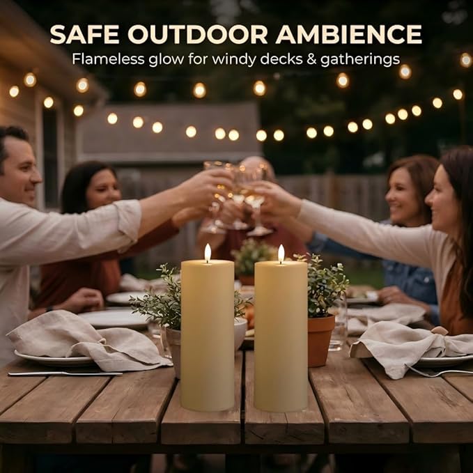ANGELLOONG Large Flameless Candles Outdoor with Timer, Waterproof 8"x3" Pillar Candles Battery Operated, 2 Pack Flickering LED Candles for Patio Decor, Lanterns Backyard