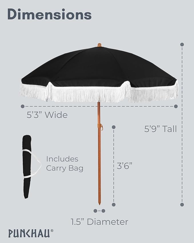 6 Ft Fringe Patio Umbrella - Outdoor Umbrella for Patio, Pool, Table, Garden, Deck, Beach, and Outdoors - Fashionable Boho Vintage Tassels & Wood Print - Push Button Tilt Pole