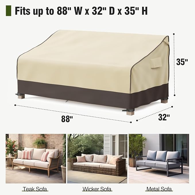 MR.COVER Outdoor Couch Cover Waterproof, Patio Furniture Covers for 3-Seater Couch, Heavy Duty Patio Couch Sofa Covers, Fits up to 88" W x 32" D x 35" H, Moisture-Proof & UV-Protection, Brown & Khaki
