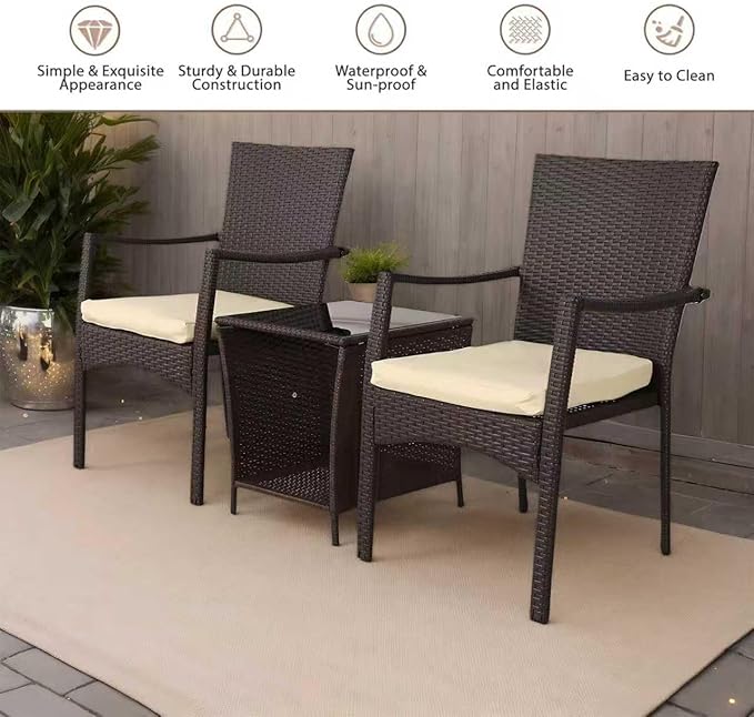 3-Piece Outdoor Patio Set, PE Wicker Patio Furniture Set, with Easy-to-Clean Removable Cushions and Glass Table, Garden Leisure and Entertainment Chat Set (Brown)