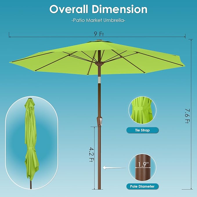 GREENVINES 9-FT-Patio-Umbrella | 8 Sturdy Fiberglass Ribs | Outdoor-Table-Umbrellas | Push Button Tilt & Crank | Waterproof | Market Umbrella | for Deck Backyard Pool Garden | Apple Green