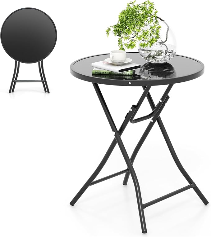 HOMGX 23 Inch Round Folding Bistro Table, Outdoor Patio Side Table with Tempered Glass Tabletop & Heavy-Duty Metal Frame, Portable Foldable Cocktail Table for Balcony, Porch, Deck, Backyard, Poolside